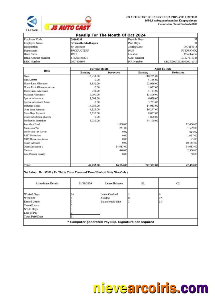 JS Auto Cast Foundry India payslip